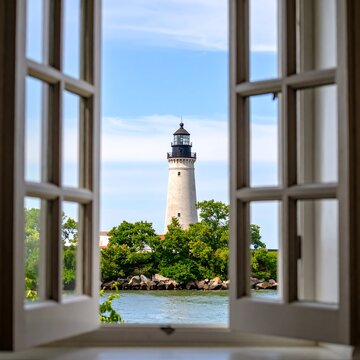 Fototapeta Lighthouse seen through an open window