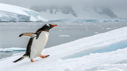 Fototapeta premium Majestic Emperor Penguin Standing on Antarctic Ice Under Clear Blue Sky