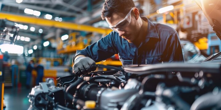 A young man wearing a blue shirt and glasses, working on a car engine in a workshop with a blurred background of other machinery and tools.