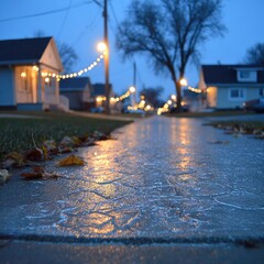 Icy sidewalk at twilight, neighborhood street scene