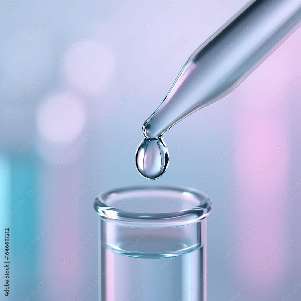 Aufkleber ai generated close up of a clear droplet from a pipette falling into a glass test tube with soft bok