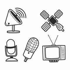 Collection of communication devices antenna, microphone, satellite, television isolated on white background