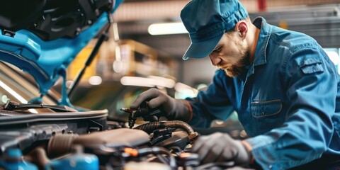 A man in a blue uniform and cap, wearing a beard, is working on a car engine in a workshop with a blue car in the background.