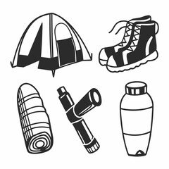 Fototapeta premium Camping equipment illustration with tent, boots, sleeping bag, telescope, and bottle isolated on white background