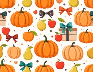 Autumnal fruit and vegetable pattern with bows and gift boxes on white background