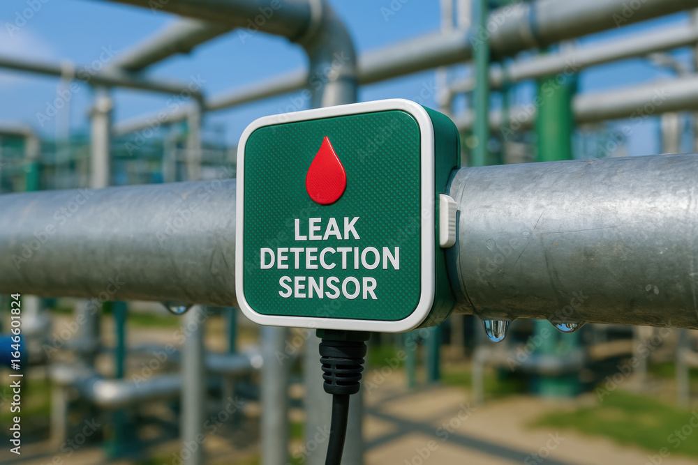Poster leak detection sensor attached to pipe in sustainable industrial area sia ensuring safety and effici
