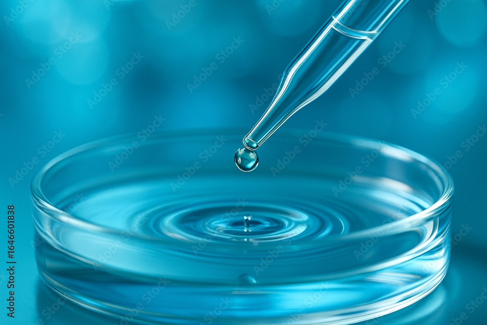 Aufkleber ai generated macro view of a pipette releasing a clear droplet into a petri dish with rippling water