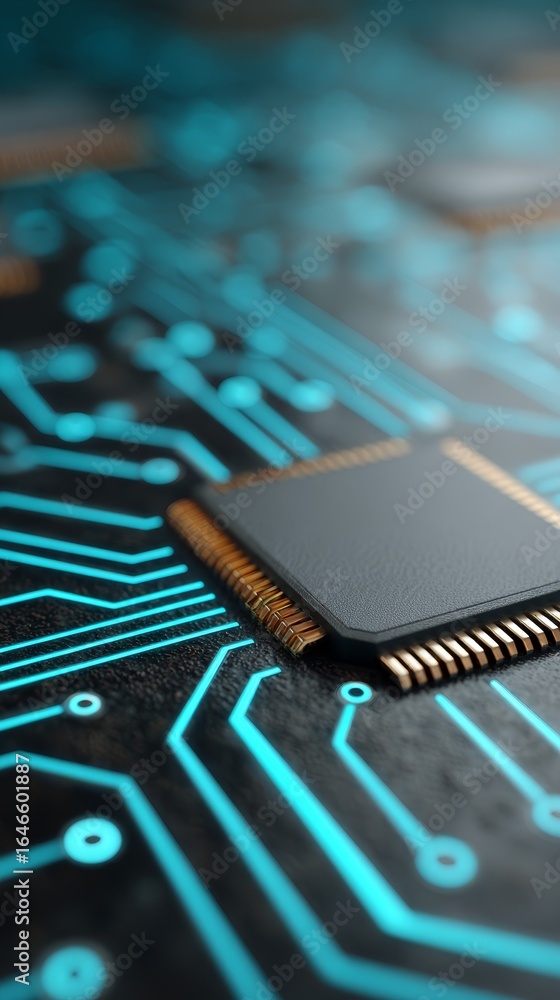 Poster a macro photograph revealing the intricate details of a glowing computer chip seated on a complex ci