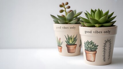 Two decorative ceramic pots with succulent plants and inspirational quotes on a white surface