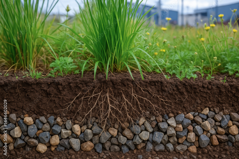 Aufkleber healthy green grass with visible root system growing in soil above layer of rocks in sustainable ind