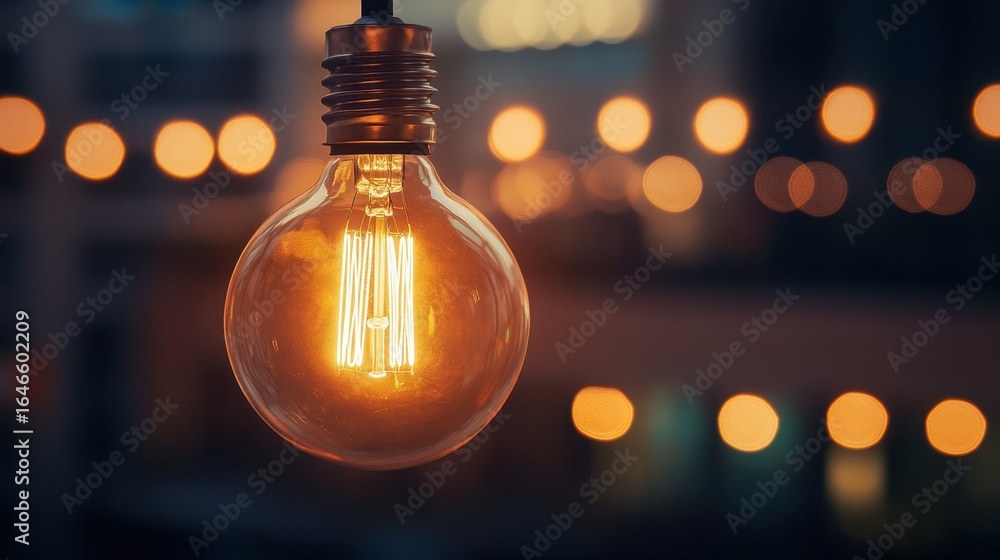 Poster a vintage light bulb glows warmly against a soft bokeh background, creating an inviting atmosphere. 