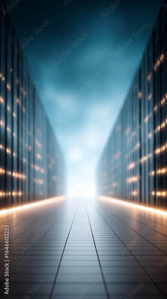 Poster a long and straight hallway within a high capacity data center filled with endless rows of powerful 