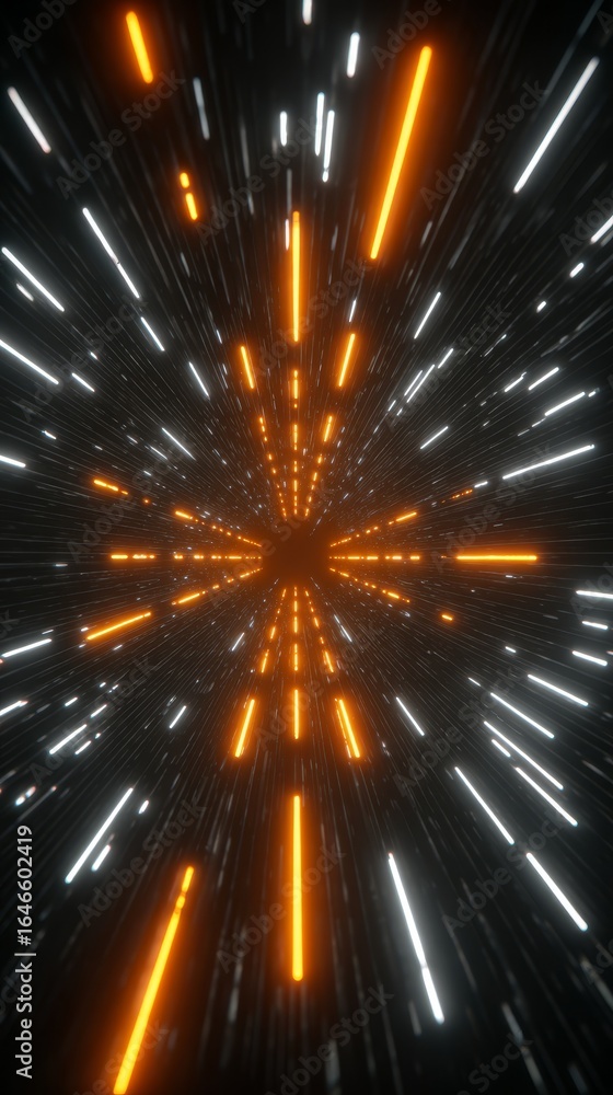 Poster a dynamic black and orange starburst explosion with radiant light rays and sharp points expanding fr