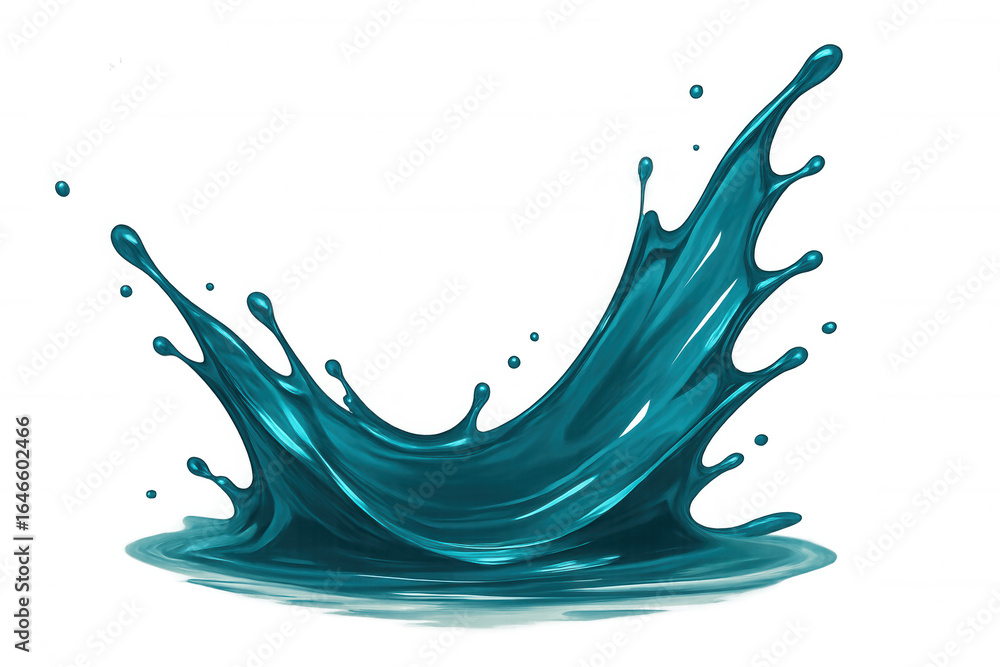 Aufkleber teal liquid splashing dynamically, forming fluid curves with vibrant transparency, highlighting liqu