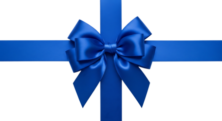 Vibrant blue ribbon bow tied on a gift box isolated on transparent background