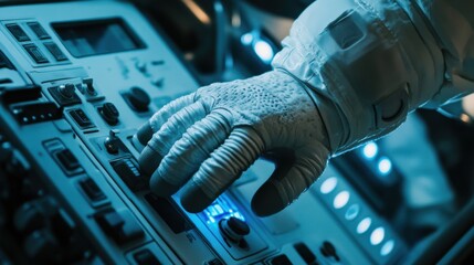 Focused man operating control panel in futuristic spaceship at night