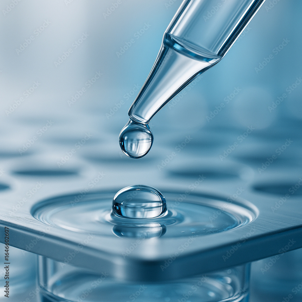 Aufkleber ai generated macro image of a pipette releasing a clear droplet above a droplet on a silver blue mic
