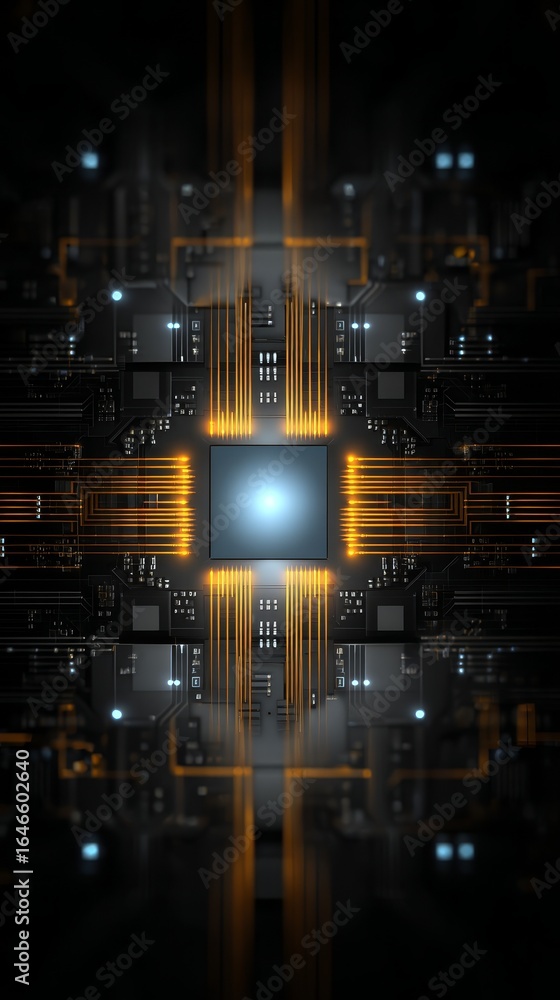 Poster a detailed macro view of an intricate computer circuit board featuring complex pathways microchips a