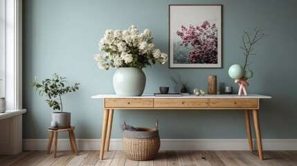 Minimalist console table with fresh flowers, a pastel balloon dog sculpture, and modern decor items, set against a serene teal wall for a chic and playful look.
