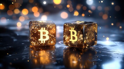 Two futuristic cubes featuring bitcoin symbols on dark backdrop