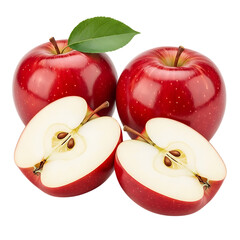 Fresh red apples whole and halved isolated on transparent background