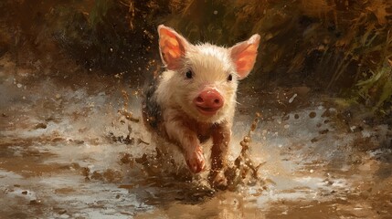 Playful piglet splashes in muddy puddle, radiating joy and energy.