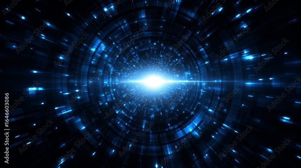 Poster a long and mysterious dark blue tunnel corridor with a brilliant glowing white light shining brightl
