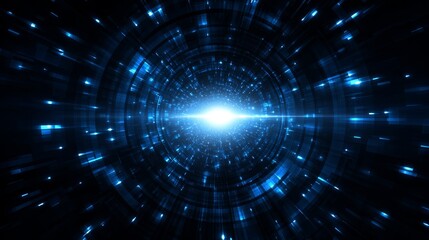 Obraz premium A long and mysterious dark blue tunnel corridor with a brilliant glowing white light shining brightly from the distant exit creating a futuristic and abstract visual effect.