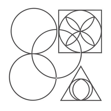 Geometric composition featuring overlapping circles, a square with inscribed circles, and a triangle with a circle