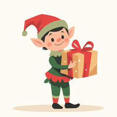 Cheerful Christmas Elf Holding a Decorated Gift Box with a Red Bow
