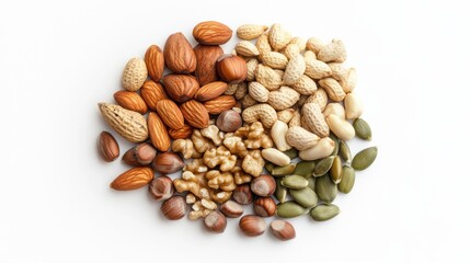 Variety of nuts and seeds arranged in a pile on white background