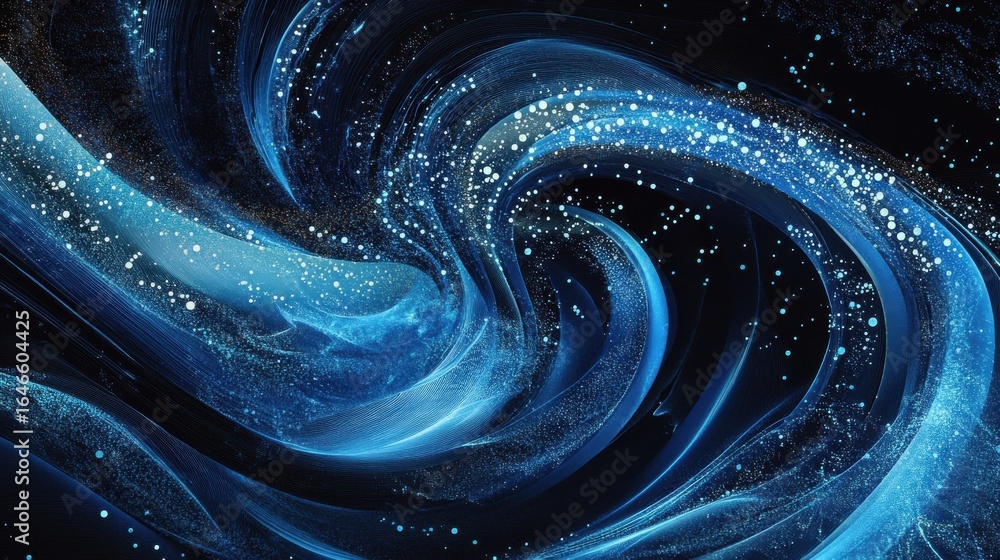 Poster abstract swirling patterns with glowing particles in digital space