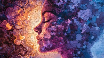 Fototapeta premium Abstract Portrait of Woman with Colorful Puzzle and Dreamy Elements