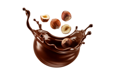 Fresh hazelnuts falling into a rich liquid chocolate splash isolated on transparent background