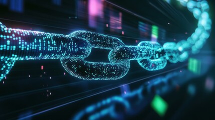 Glowing digital chain link in abstract dark environment
