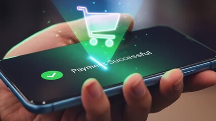 Smooth Mobile Payment Experience with Holographic Visuals Conveying Successful Transaction, Seamless Online Shopping and Digital Economy Concepts, Demonstrating Financial Technology Innovation - Powered by Adobe