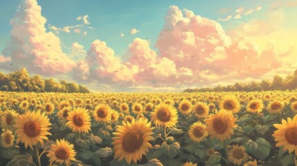 Fototapeta premium Vibrant Sunflower Field Under Soft Clouds at Dusk