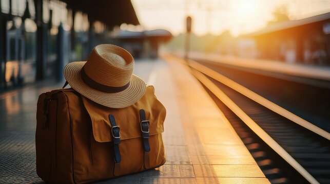 Brown bag and straw hat sitting on train station platform at sunrise - Powered by Adobe