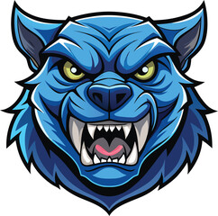 Blue wolf head mascot representing a sports team, featuring fierce eyes and a dynamic expression.