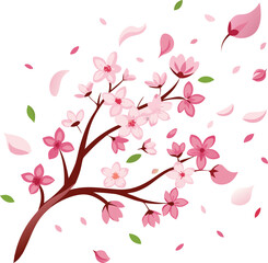 A cherry blossom tree adorned with delicate pink flowers and vibrant green leaves against a clear blue sky.