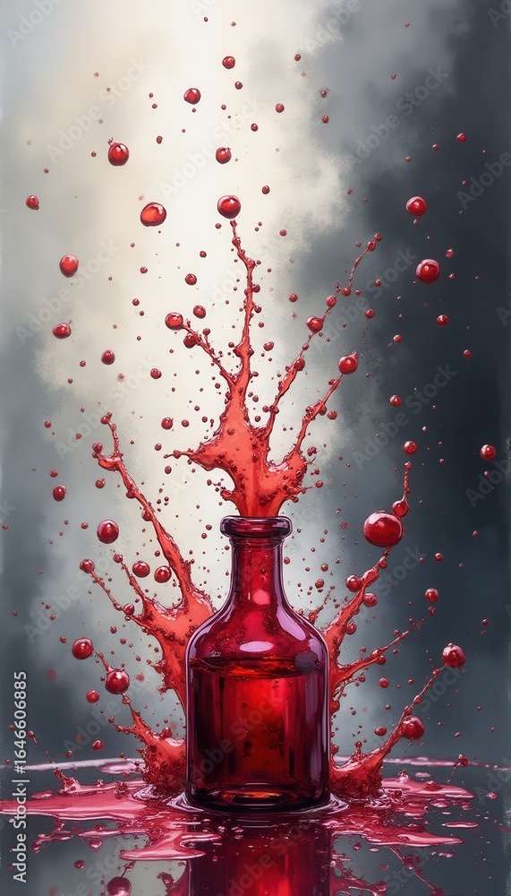 Poster glass bottle with red liquid splashing in studio setting