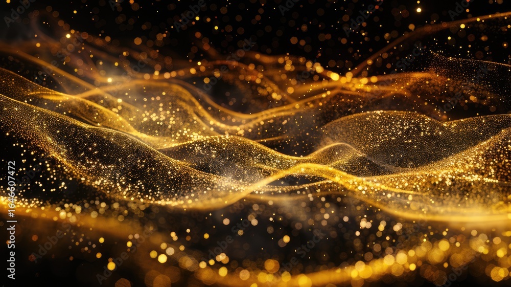 Poster elegant picture of gold light sparkling particles scattered across a deep black background, create a