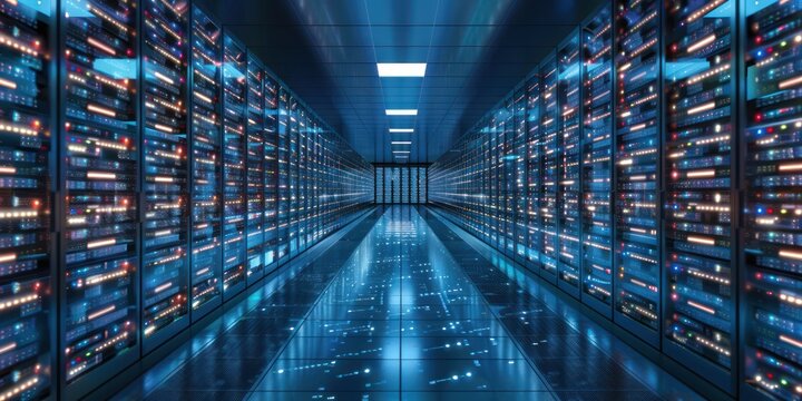 A long, narrow hallway with rows of server racks, illuminated by blue and white lights