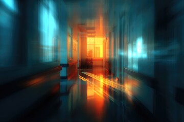 Hospital hallway, vibrant colors, motion blur
