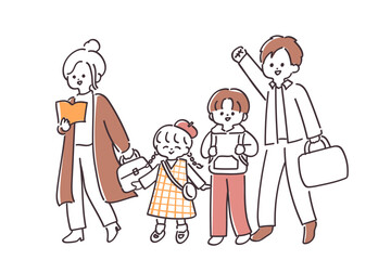 仲良しな家族がお出かけしているかわいいイラスト