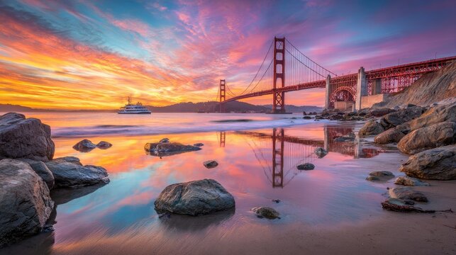 Golden Gate Bridge at sunset, reflected in tranquil waters