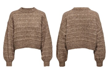 Female beige knitted sweater on white background, top view, with flat lay. Fashion Lady Clothes...