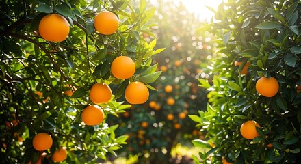 Sunlit oranges ripening on a lush green tree branch in a grove