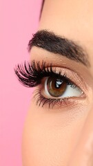 Close-up of a woman's eye with dramatic lashes against a pink backdrop
