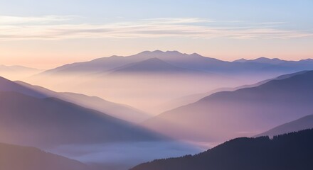 Obraz premium Misty Morning Hues Embrace Layered Mountain Peaks, Revealing a Serene Valley Landscape at Dawn.